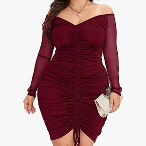 LAPA Women's Plus Size Off Shoulder Ruched Bodycon Mesh Long Sleeve Dress; XL